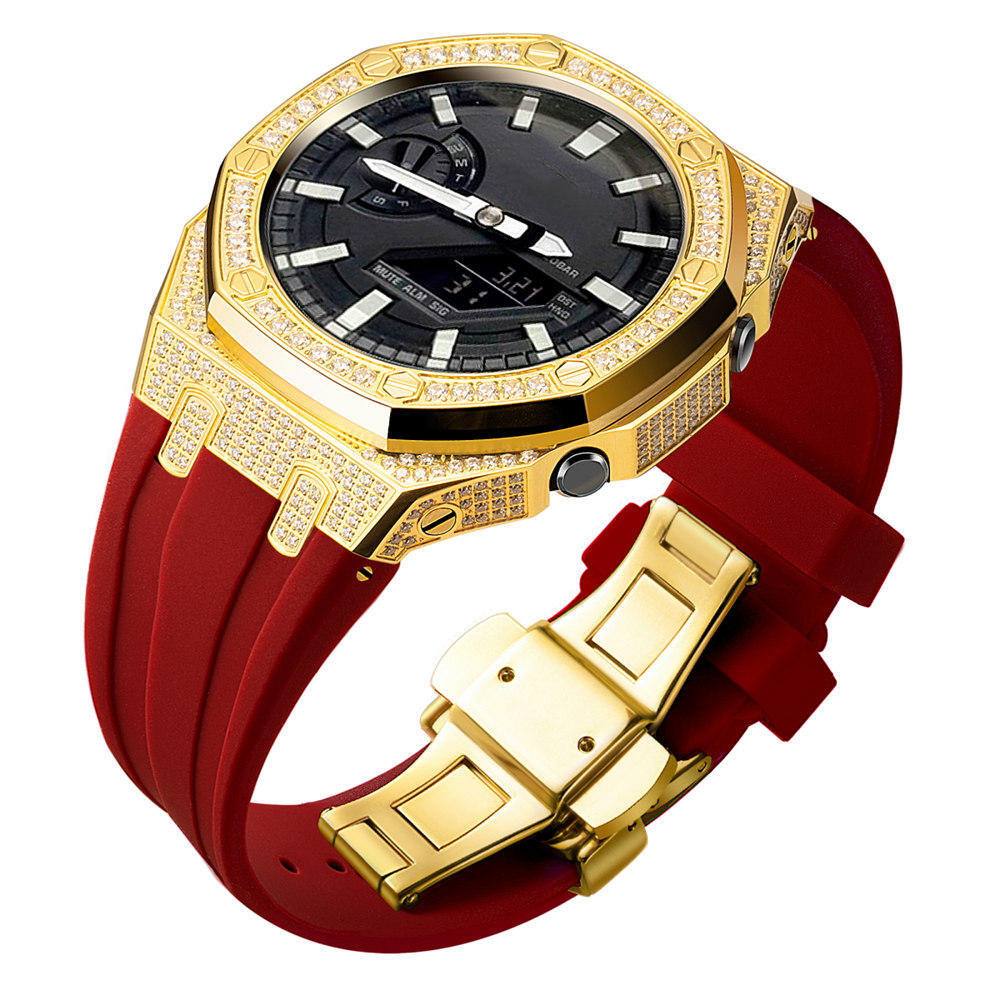 Bling Diamond Stainless Steel Case + Rubber Strap AP MOD KIT for G-SHOCK GA-2100