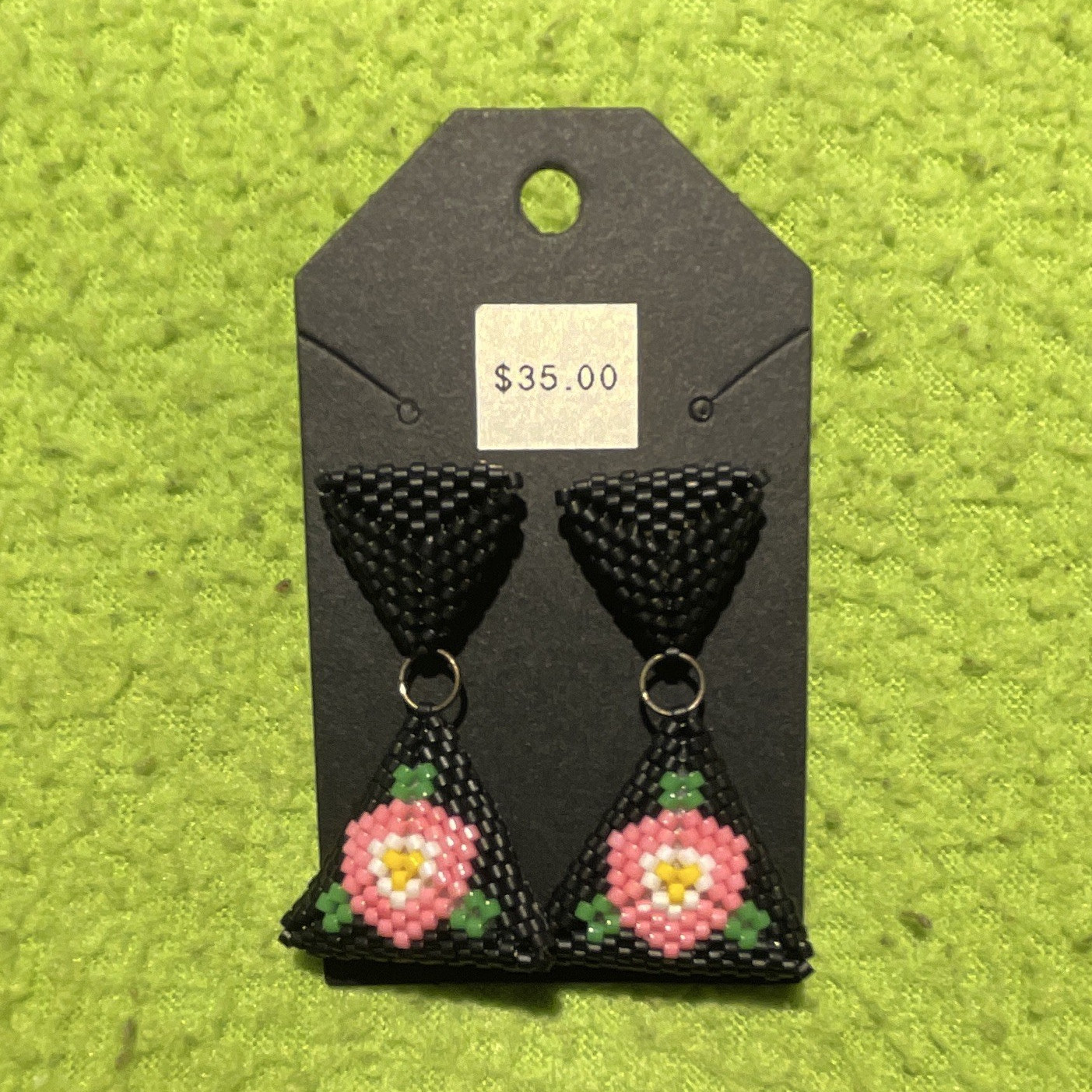 Black Beaded Triangle Dangle/Drop Earrings Pink Multicolor Flower Hook
