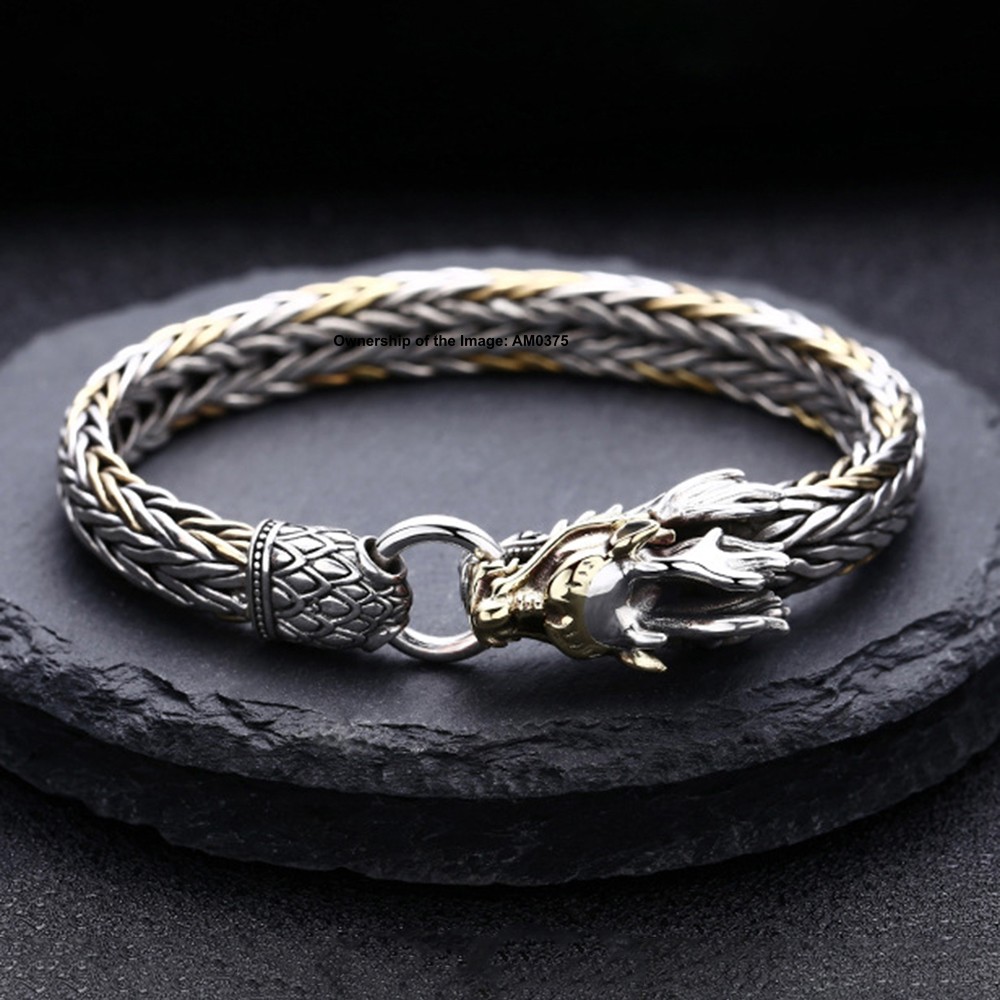 925 Solid Sterling Silver Dragon Head and Wheat Link Chain Bracelet 7.9inch
