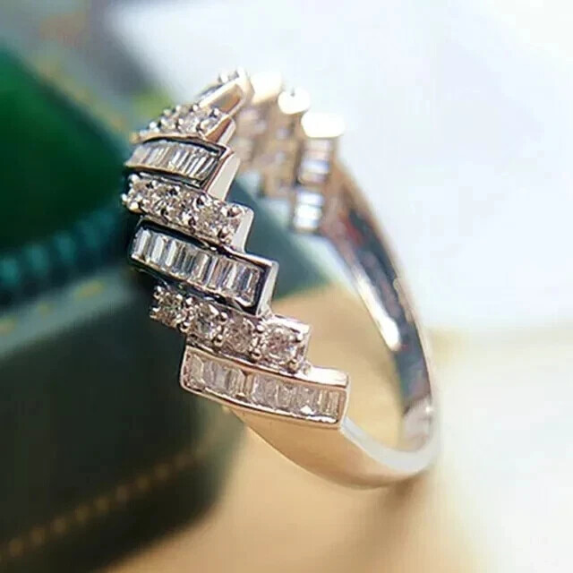 1Ct Round/Baguette Lab-Created Diamond Engagement Band Ring 14k White Gold Over