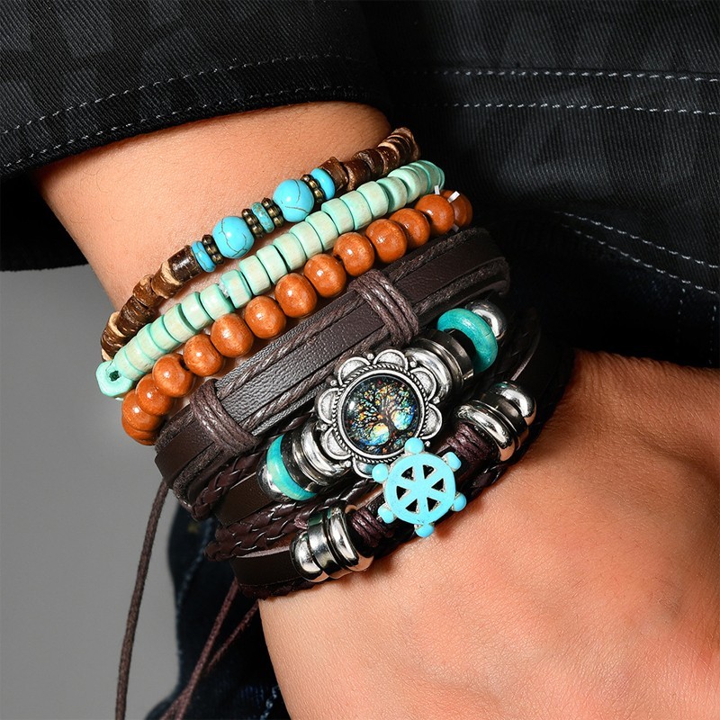 Bohemian style multi-layered leather bracelet with stacked, multi-colored beads.