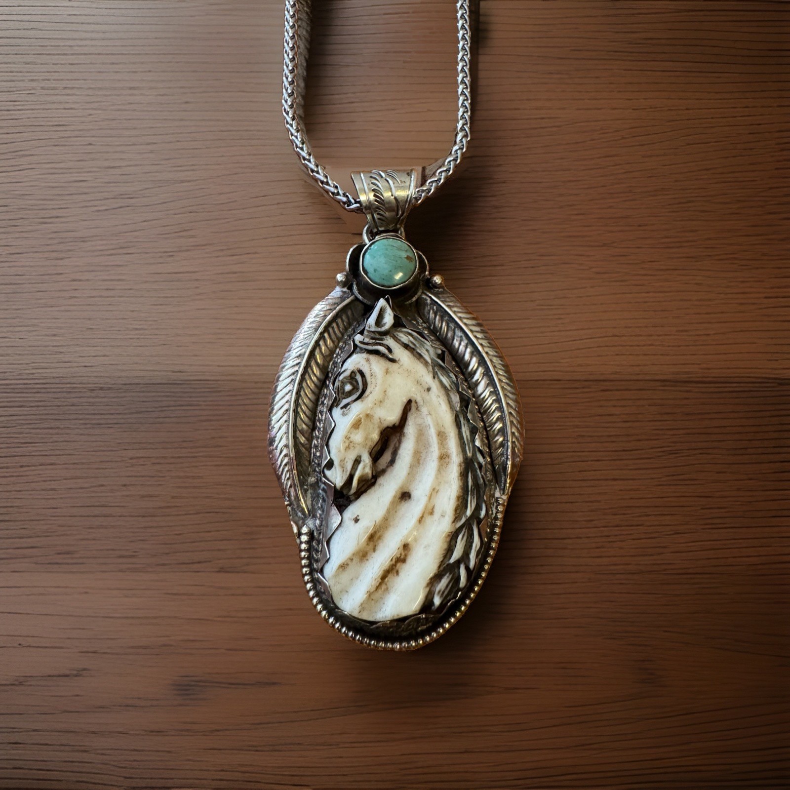 Hand Carved Bone Pendant,Horse Face Art,Floral Carving Back,Turquoise,Silver 32g