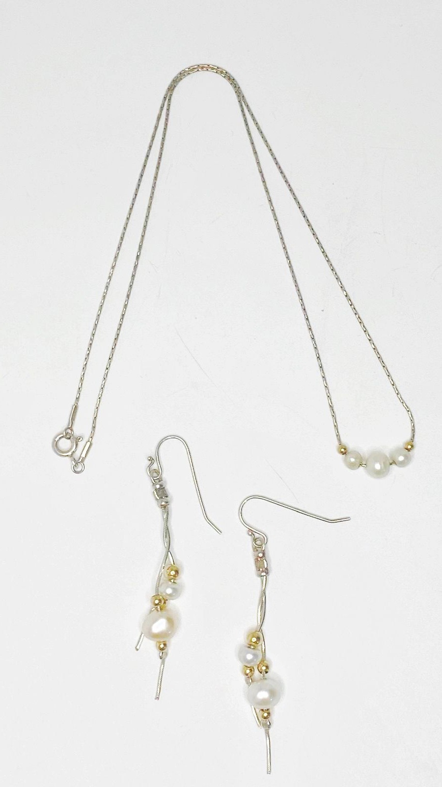 925 Silver Pearl Necklace & Dangle Earrings Set Gold Beads Elegant