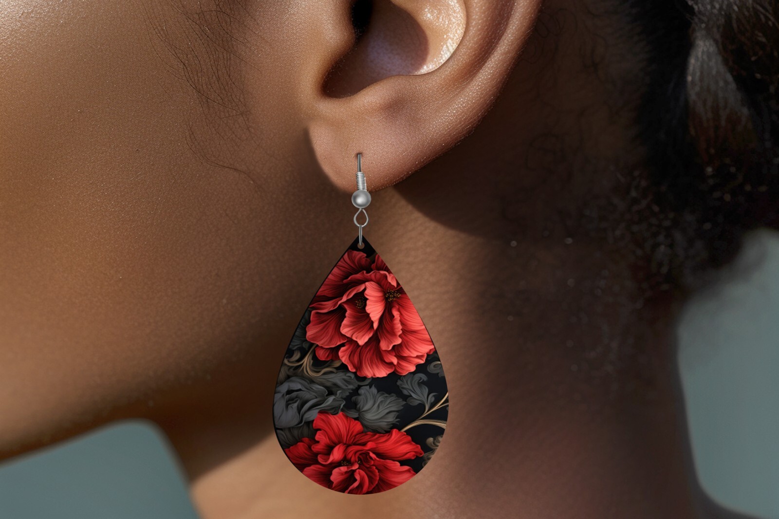 Ruby Red and Black Floral Wood Dangle Teardrop Print Earrings Jewelry