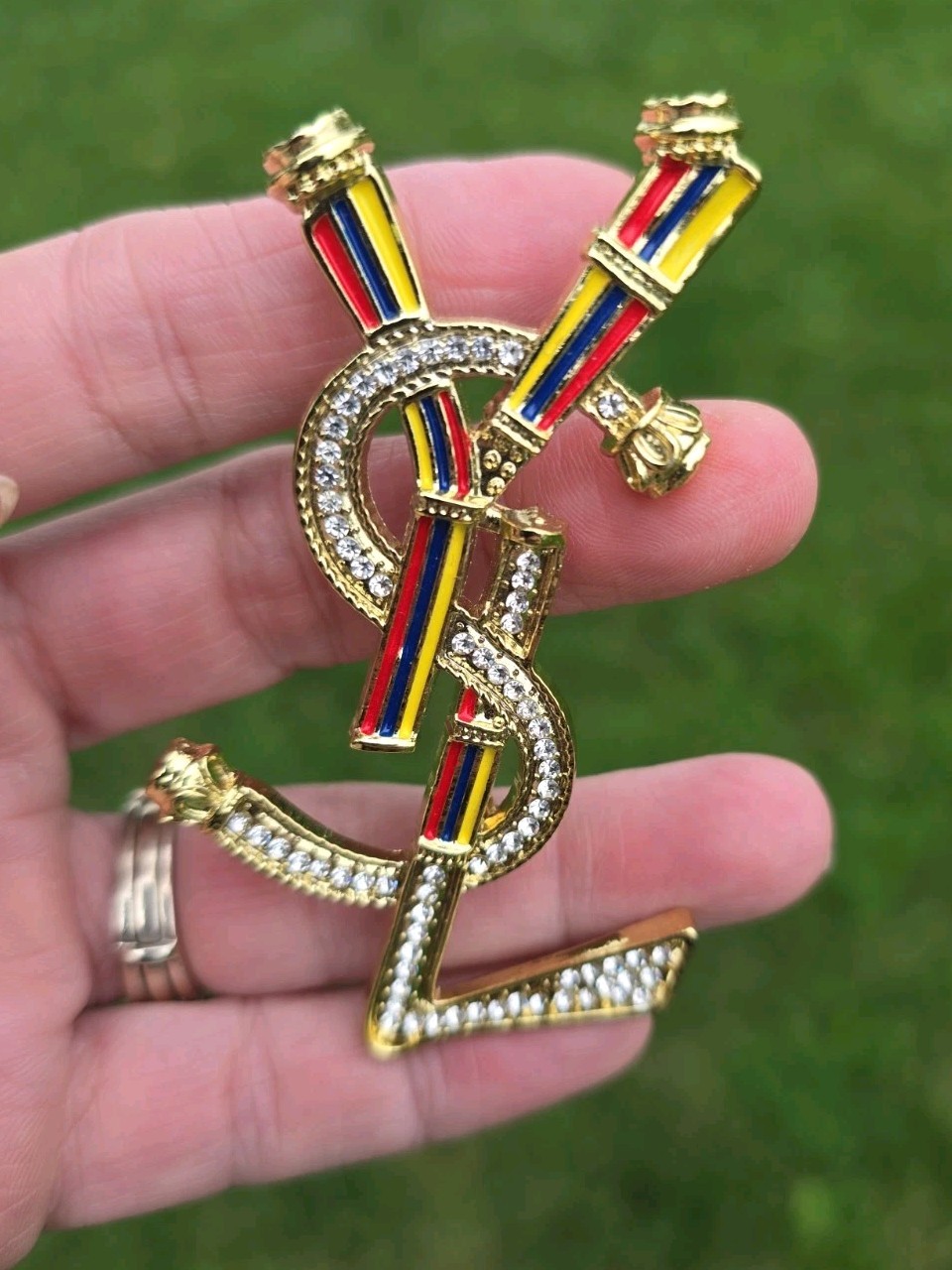 YSL Yes Saint Laurent Paris Brooch Pin Multi Color Gold Tone & Rhinestones