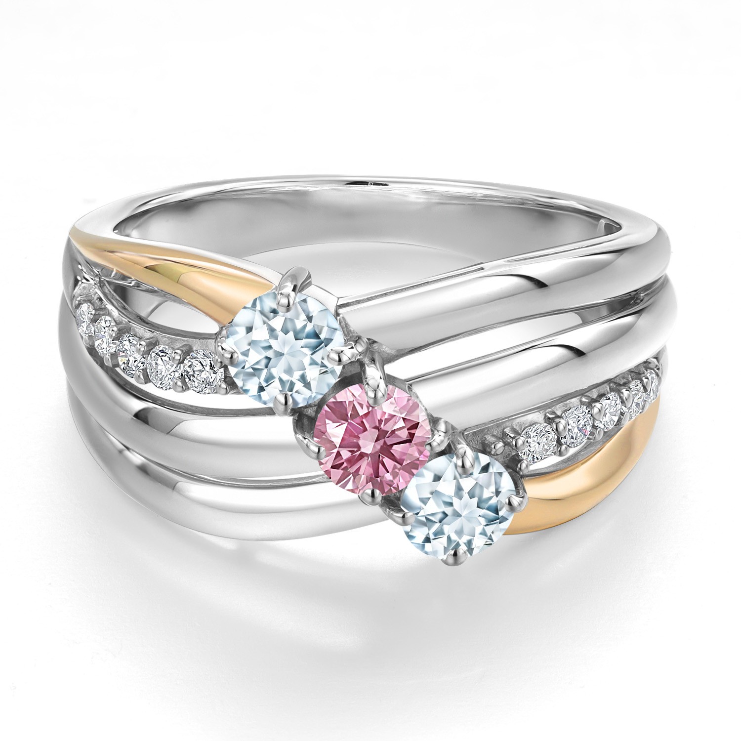 925 Silver and 10K Yellow Gold Aquamarine and Pink Lab Grown Diamond Engagement