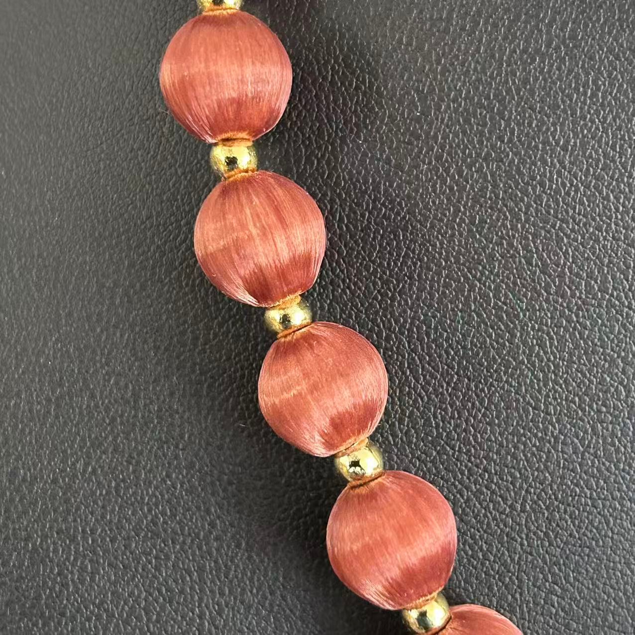 Vintage Burgundy Silk Satin Thread Wrapped Bead Single Strand Necklace 30″