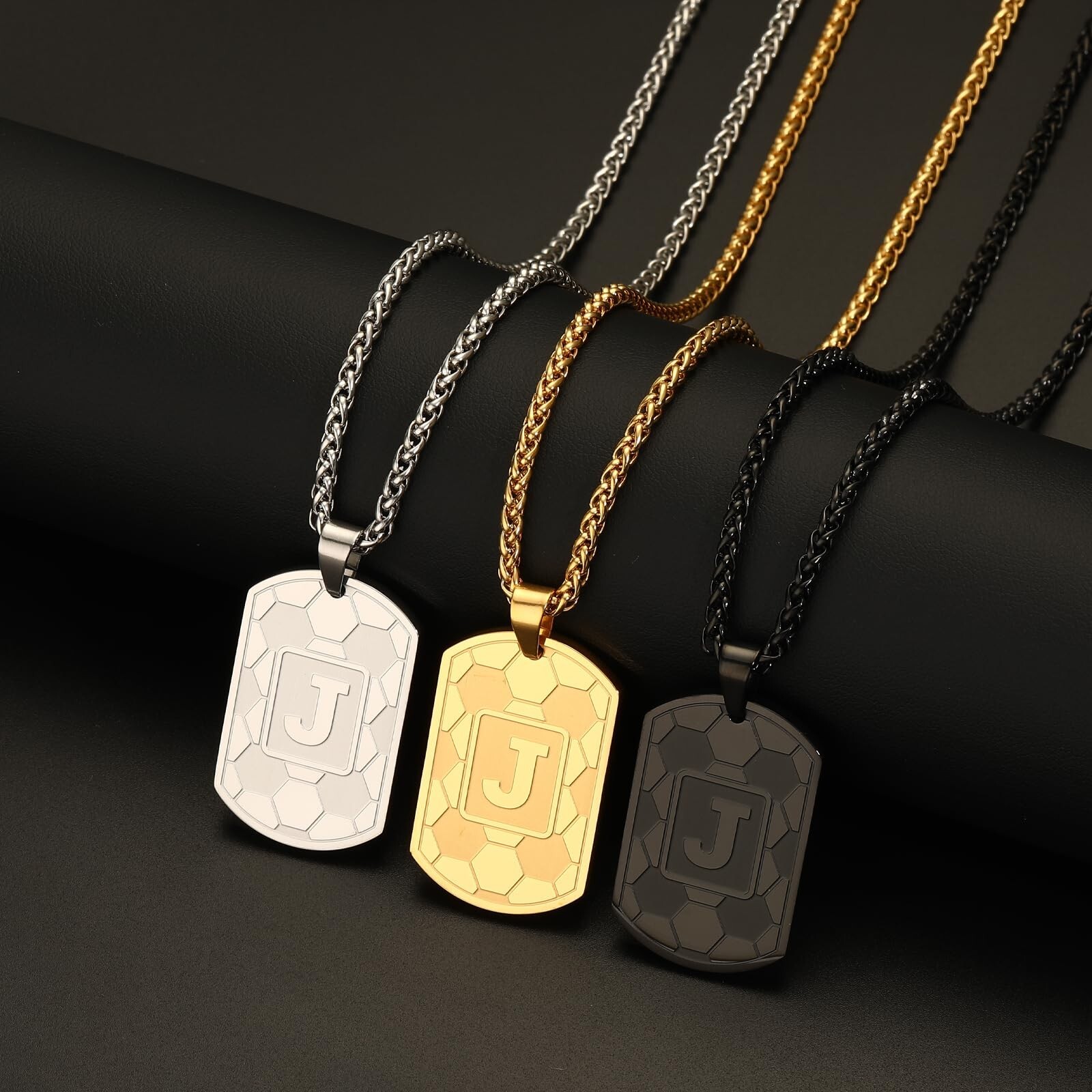 Soccer Initial Necklace for Men Dog Tag Stainless Steel Sliver/Black/Gold Let…