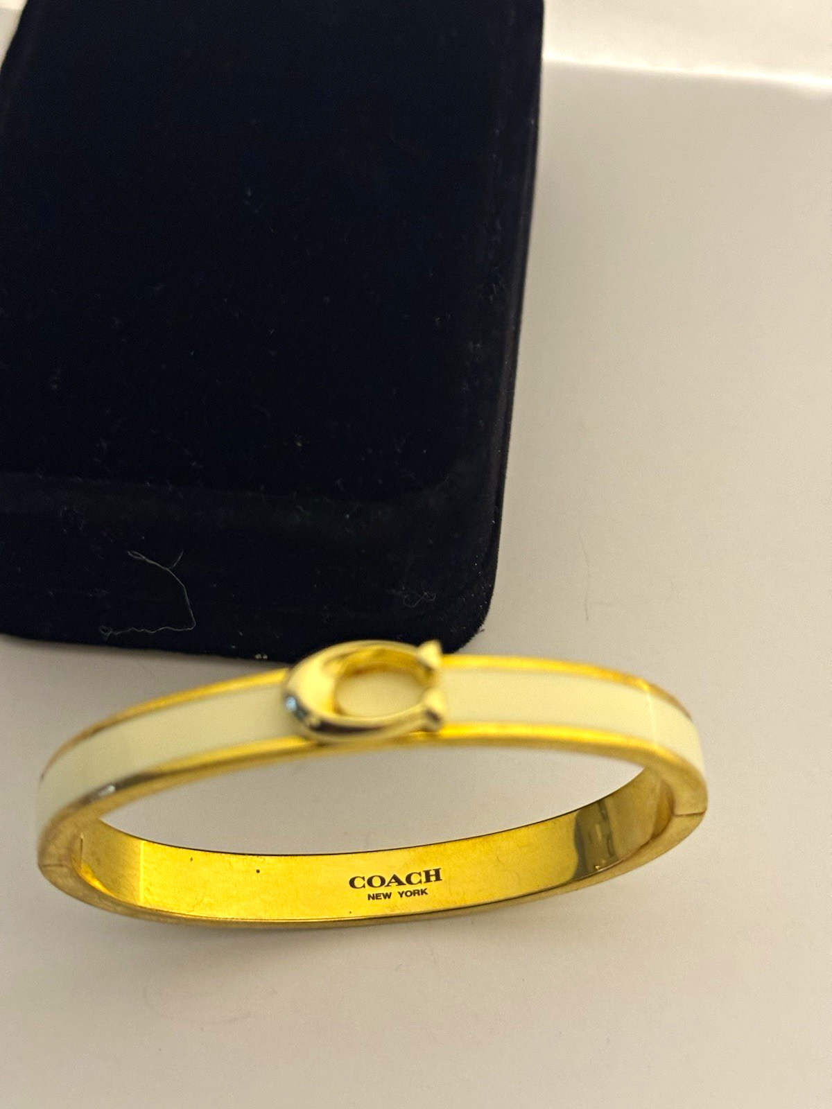 Coach Gold Tone White Enamel Oval Bangle Bracelet Signed No Stone