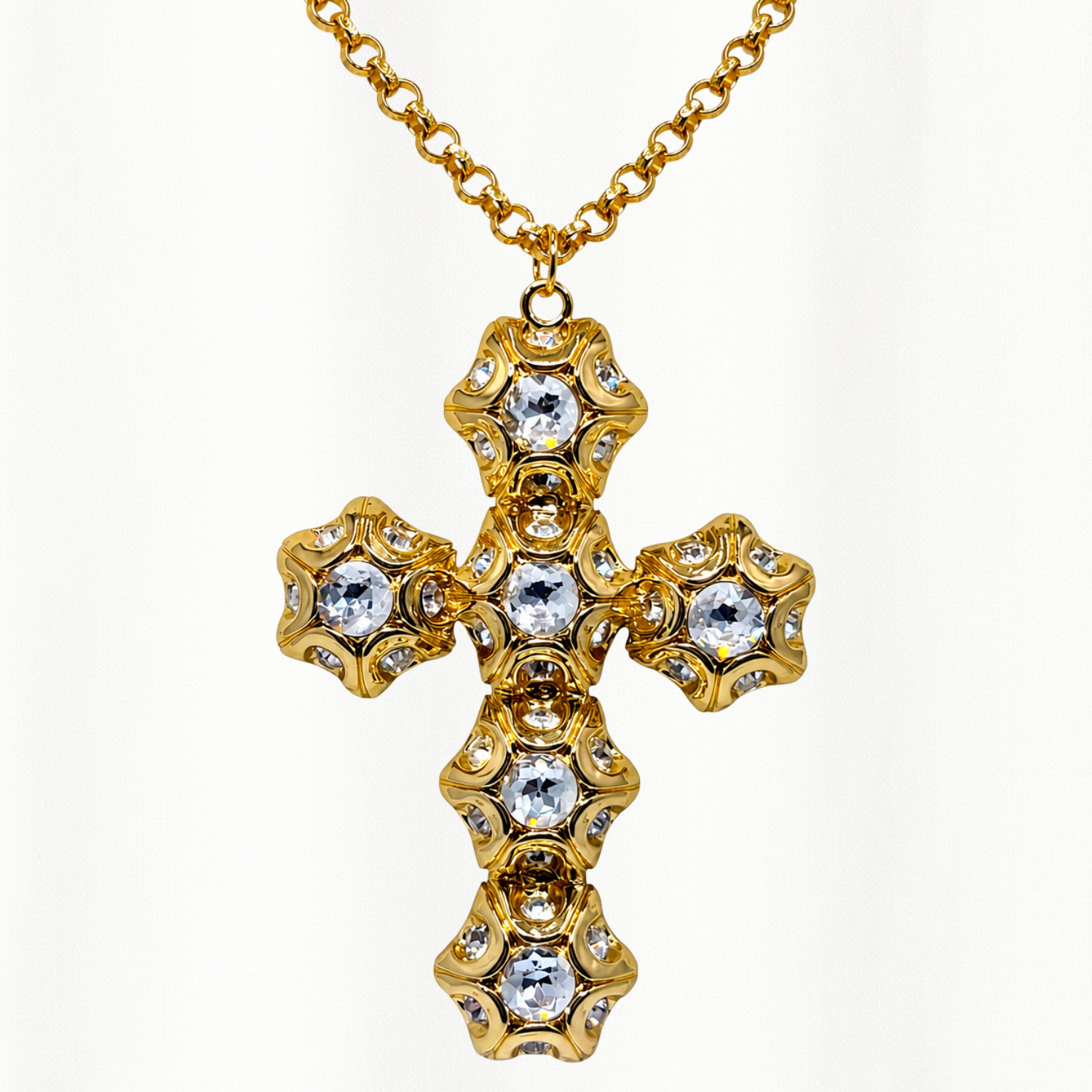 Catwalk Jon Gold Plated Rhinestone Pendant Necklace Signed 4″ Statement Cross