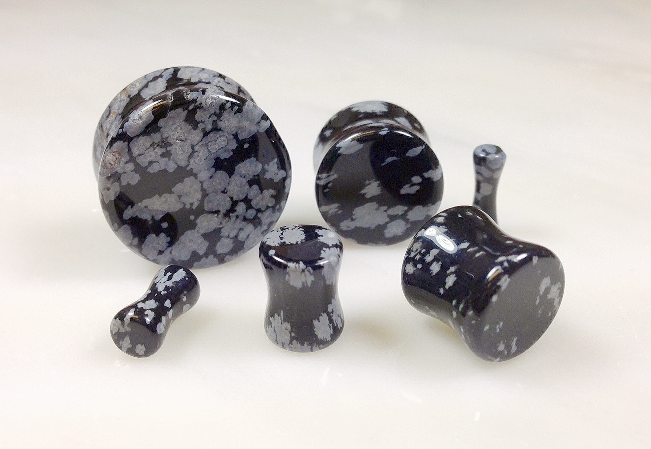PAIR Snowflake Obsidian Stone Plugs Gauges – 3mm (8g) to 25mm (1.5″) available!