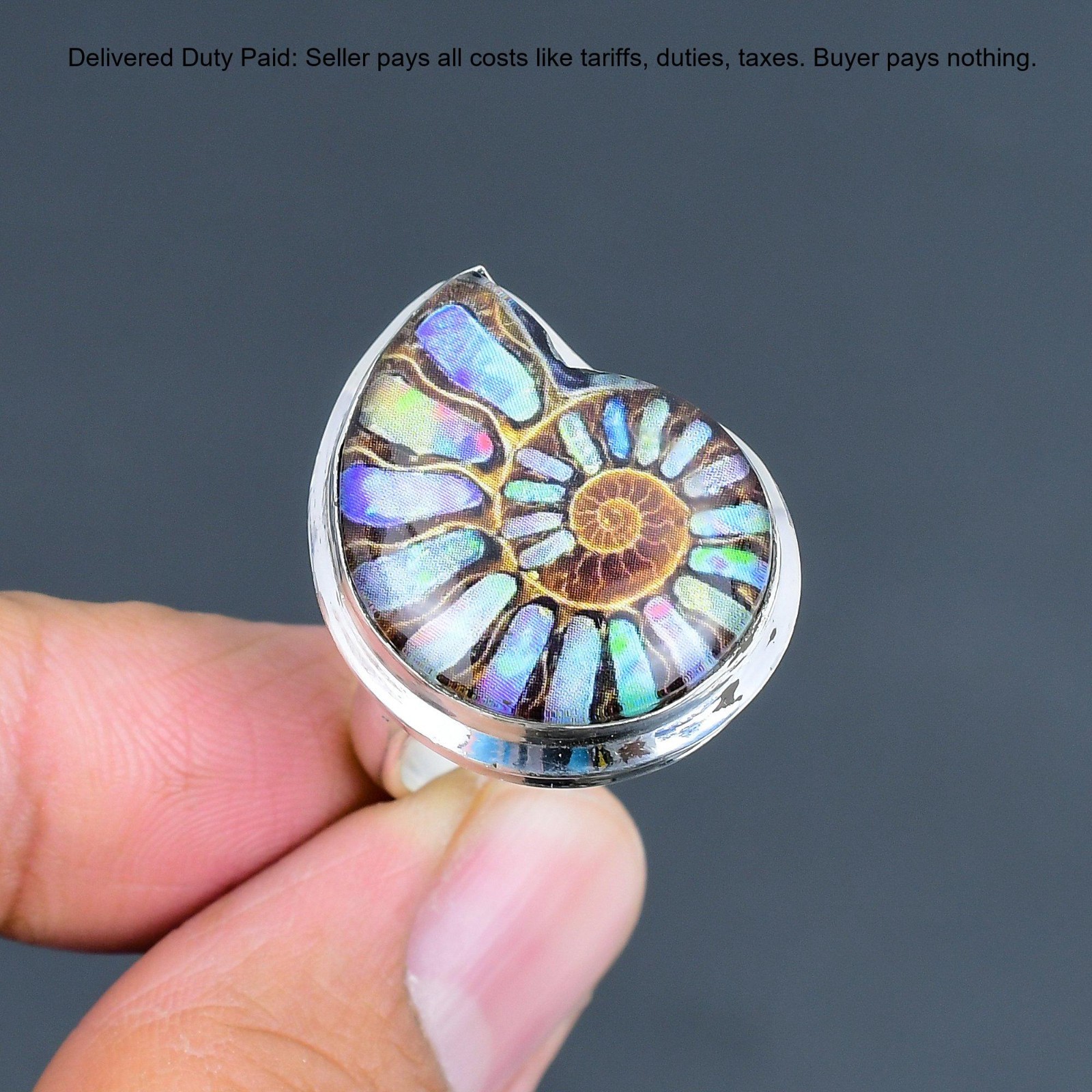 Valentines Deal 925 Sterling Silver Natural Ammonite Doublet Opal Statement Ring