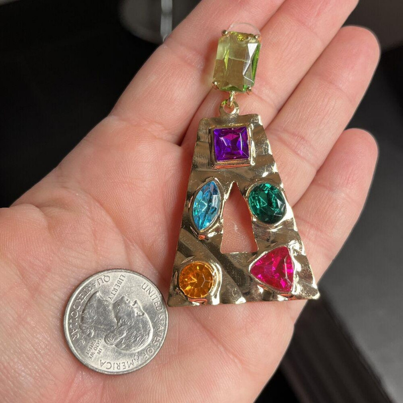 Door Knocker Earrings Gold Tone Pierced Rhinestones Colorful Mogul Hammered