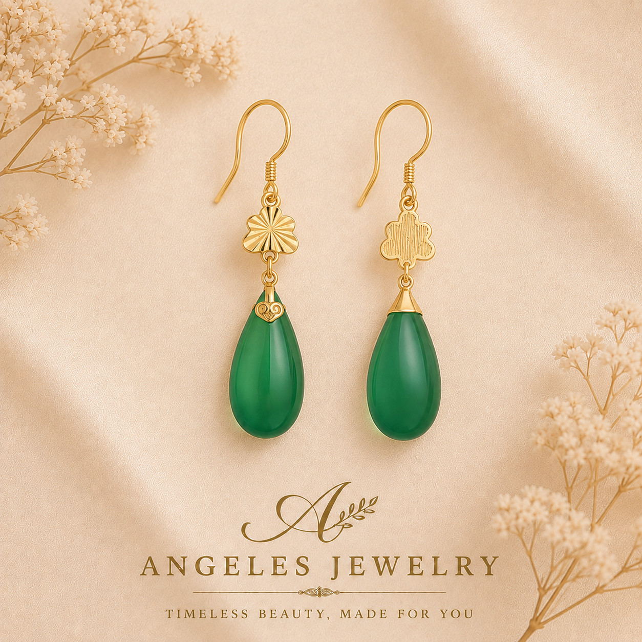 Jade Drop Dangle Earrings Flower Gemstone Boho Minimalist Hook 18K Gold Plated