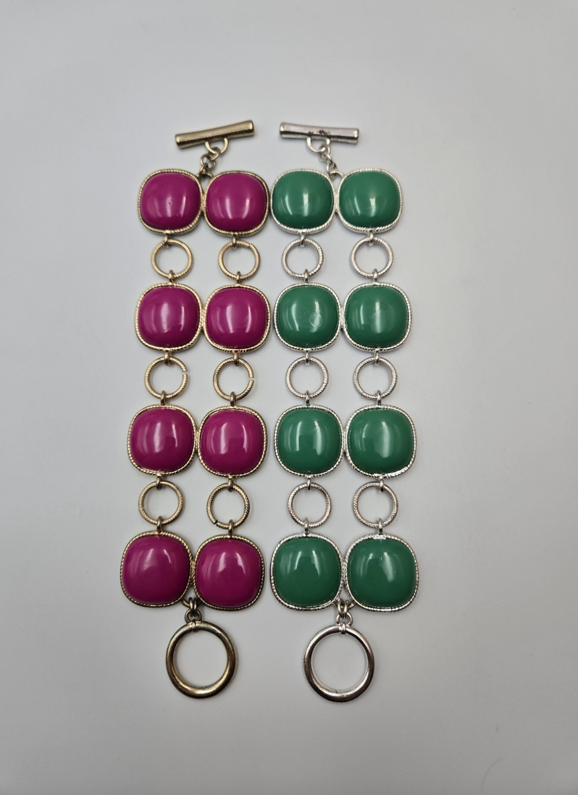 Signed BR Chunky Link Bracelets Pink Green Statement Set of 2 , lot 199