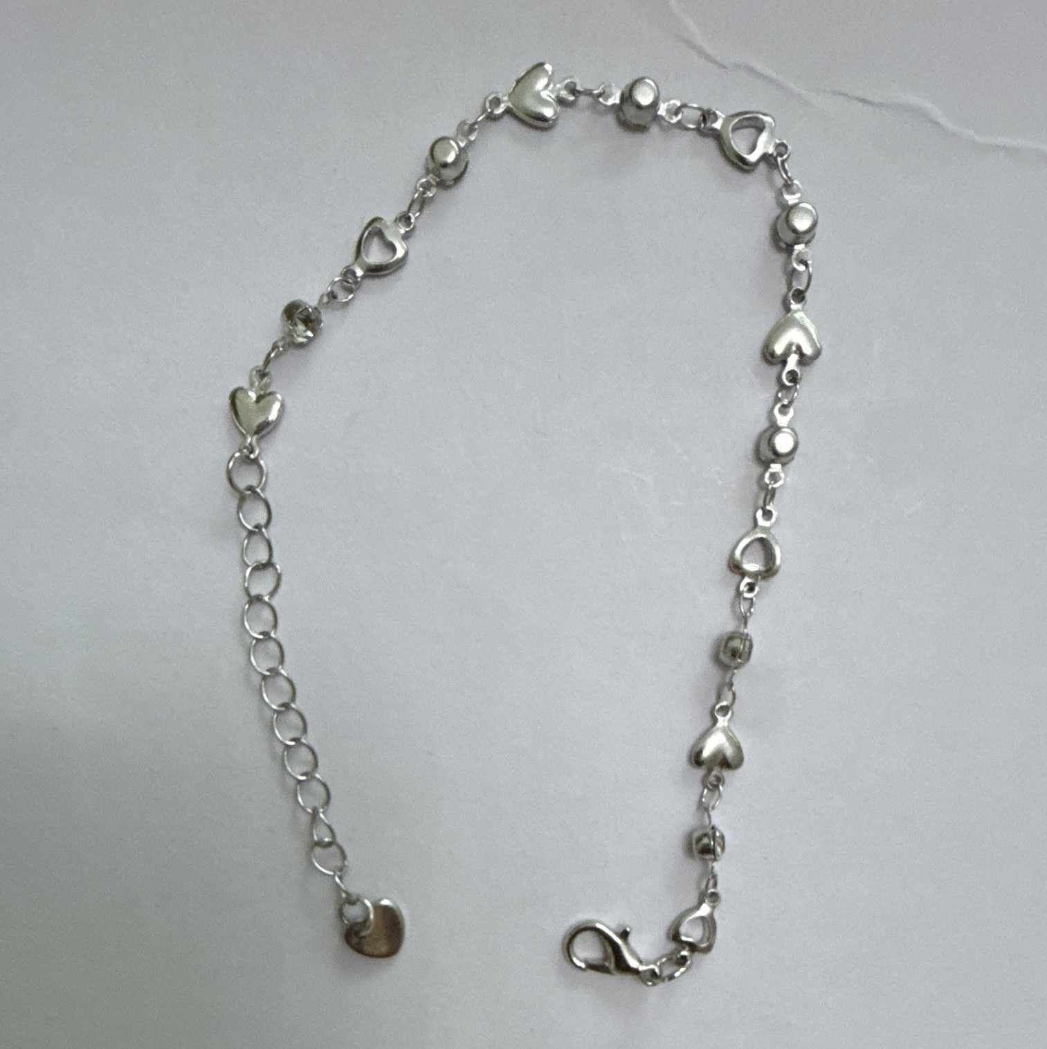 Silver Tone Heart Charm Chain Anklet Adjustable Extender Lobster Clasp