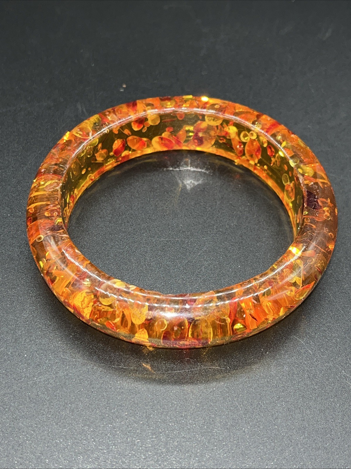 Amber Orange Translucent Speckled Acrylic Lucite Bangle Bracelet