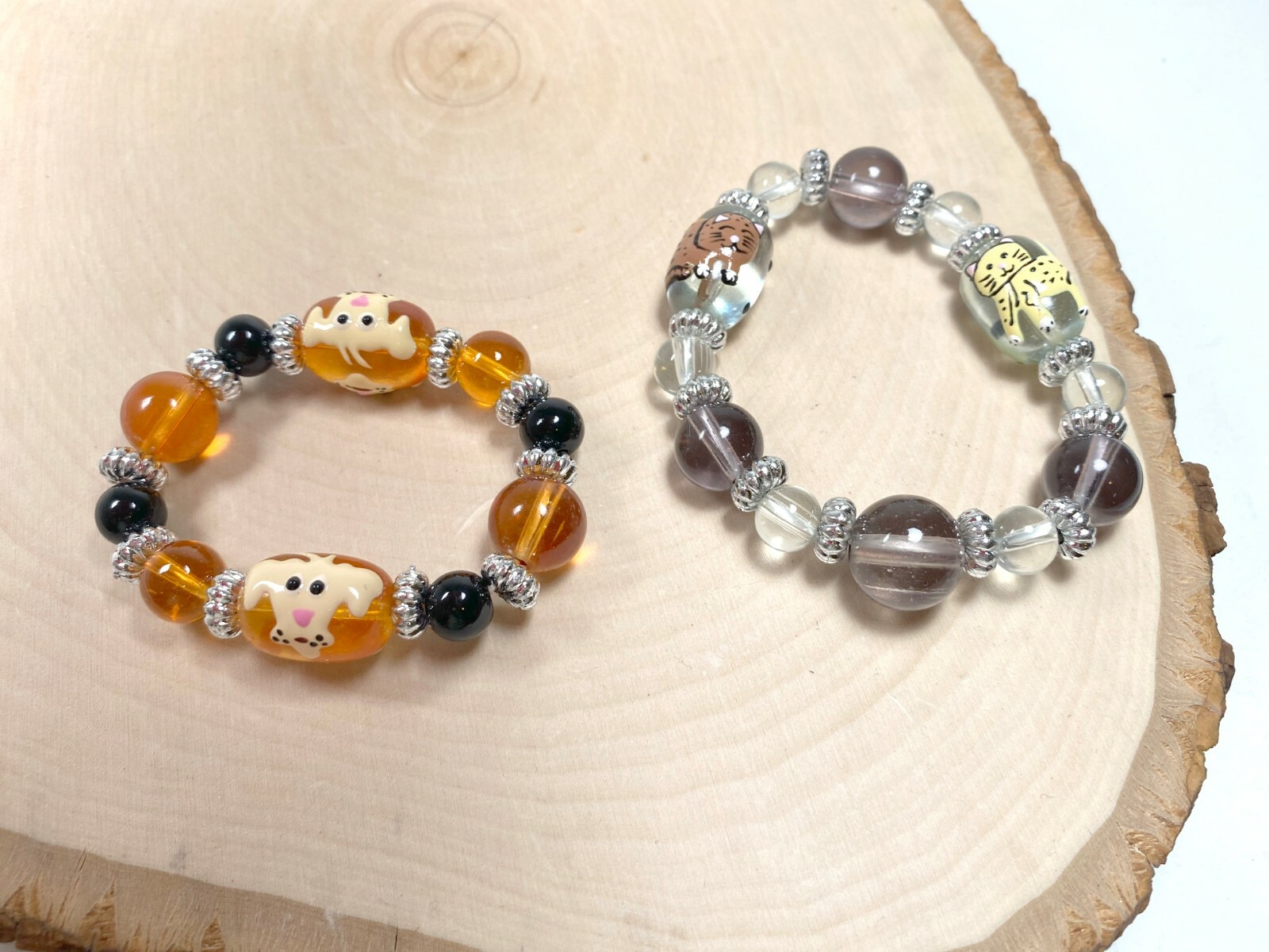 Children Bracelets Stretch Beaded Cat Dog Heart Star Fish Emoji lot of 6 pcs