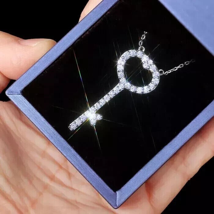 Round Cut Simulated Diamond Pretty Heart Key Fancy Pendant 14k White Gold Plated