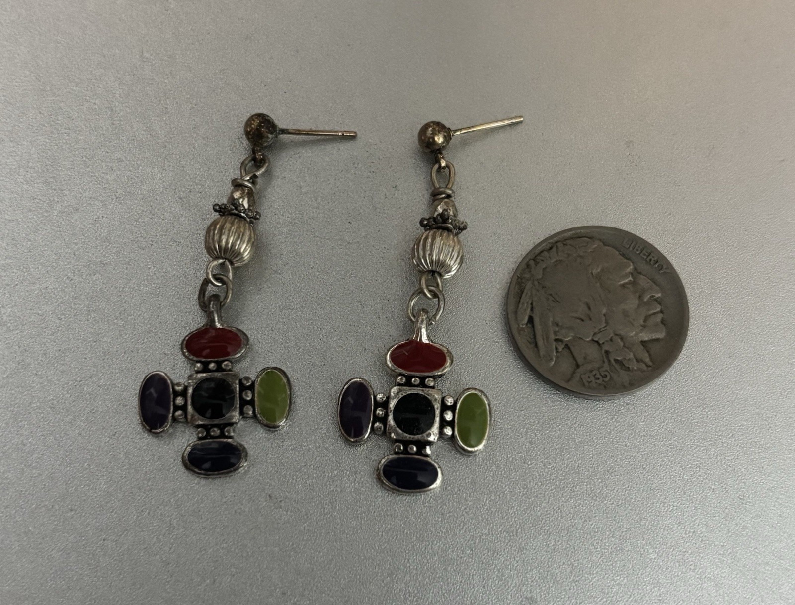 Silver tone cross Pierced earrings with Purple, Green, Black Enamel