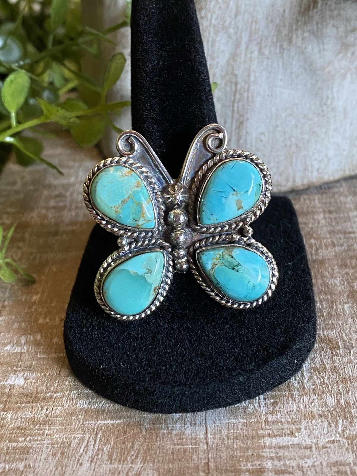Kingman Turquoise Butterfly Statement Ring Sterling Southwestern Boho 8.25