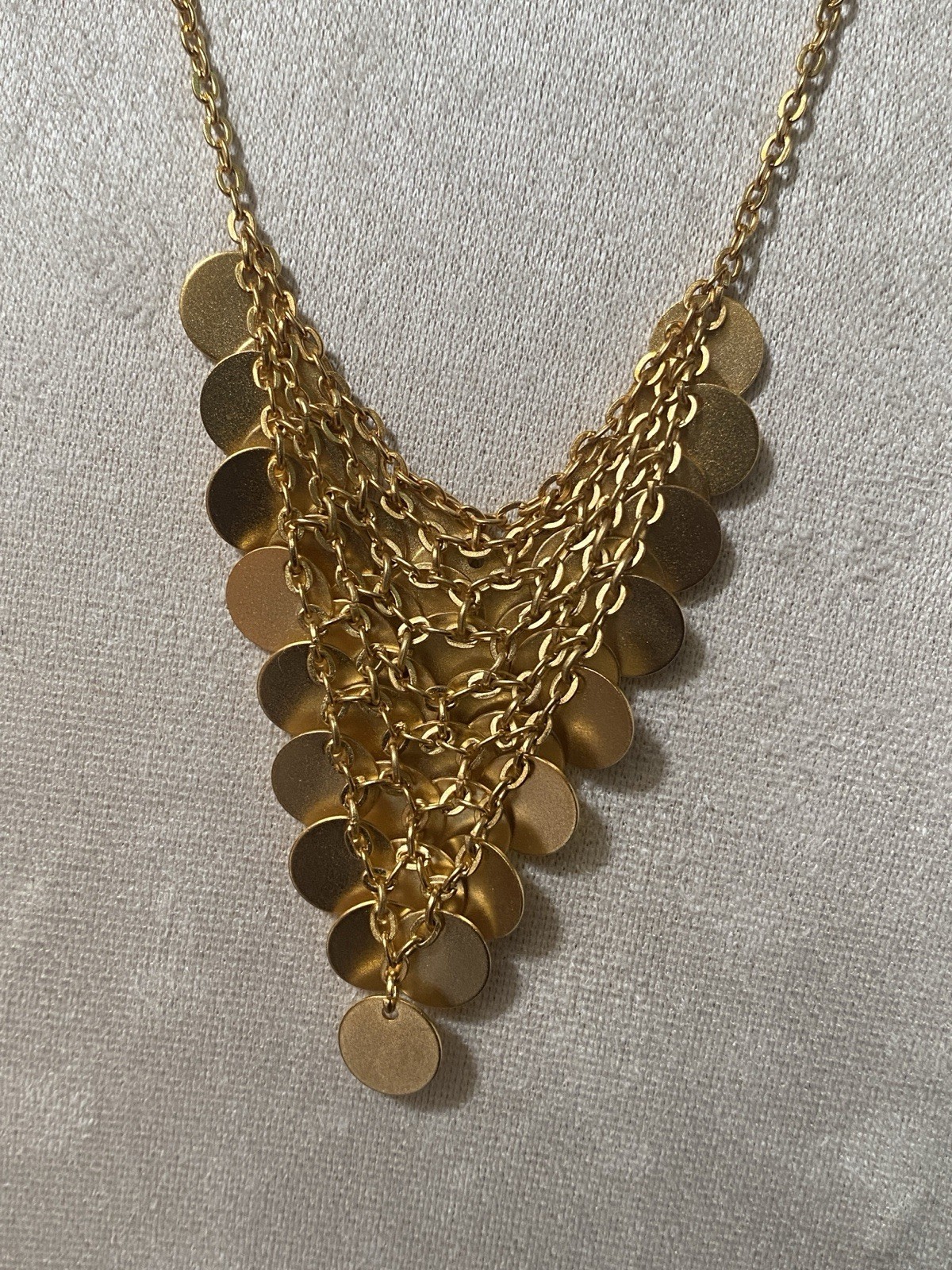 Matte Gold Disc Statement Bib Necklace Cascade Paillette Fringe Modern 16-19”
