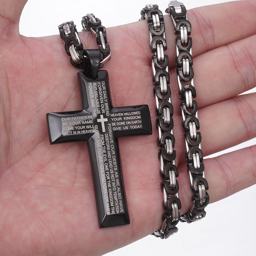Men’s Black Stainless Steel Scripture Cross Pendant Necklace Byzantine Chain