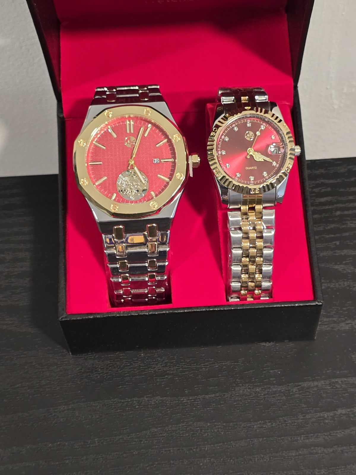 ​His and Hers Luxury Watch Matching Set Two-Tone Gold Silver Red Dial Gift Boxed