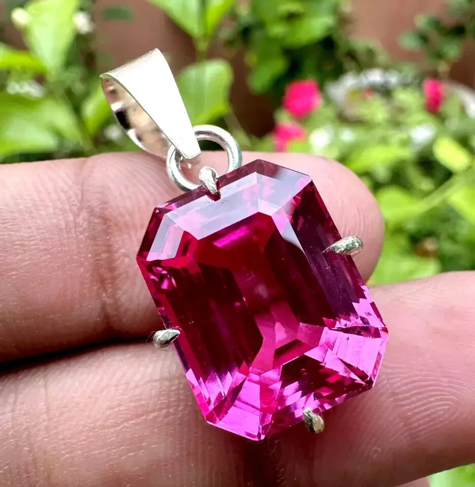 23.14 Ct A++ Natural Pink Sapphire Emerald Cut 925 Solid Silver Pendant Gemstone