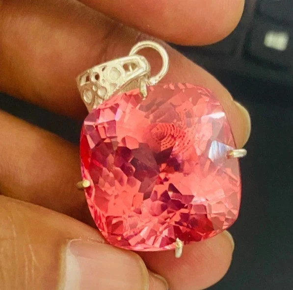 20 Ct Natural Padparadscha Sapphire Cushion Cut 925 Silver Pendant Gemstone