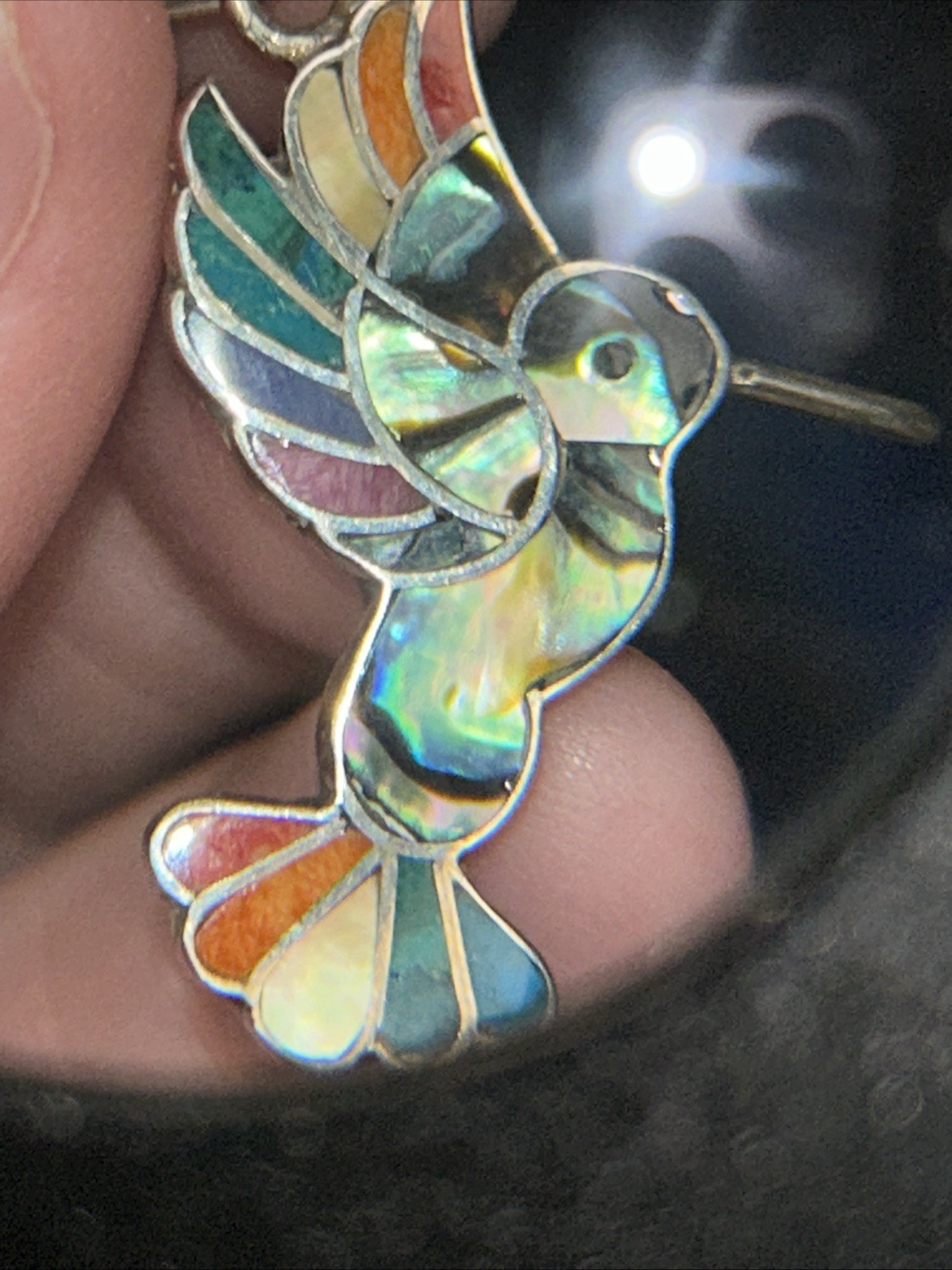 950 Silver Handmade Inlay Hummingbird Abalone Pendant From Peru 1.75”