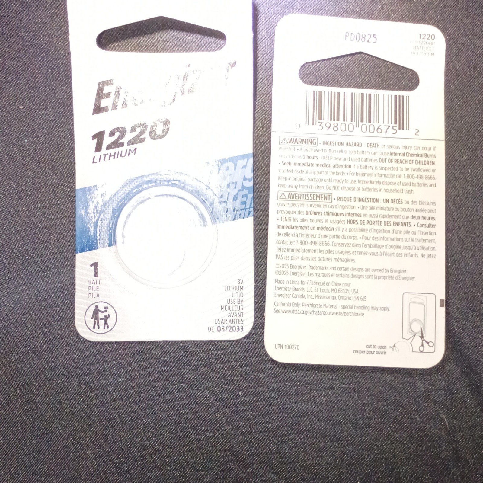 TWO# Energizer 1220 Lithium Coin Cell/Button Battery X 2packs PD0825 Exp 03/2033