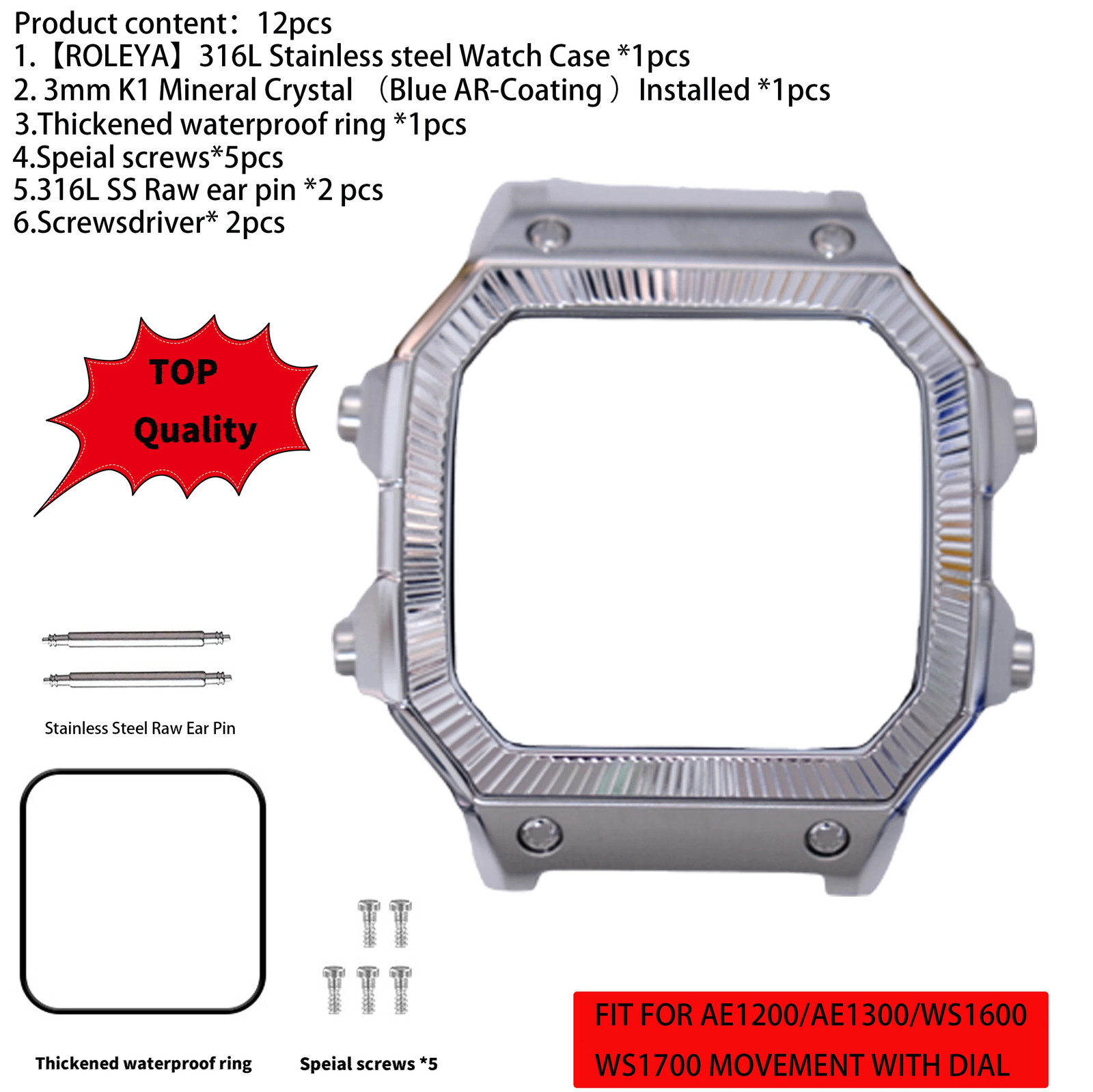 Suitable For Casio AE1200 Watch Case Mod Kit 316L Stainless Steel Glass 10ATM