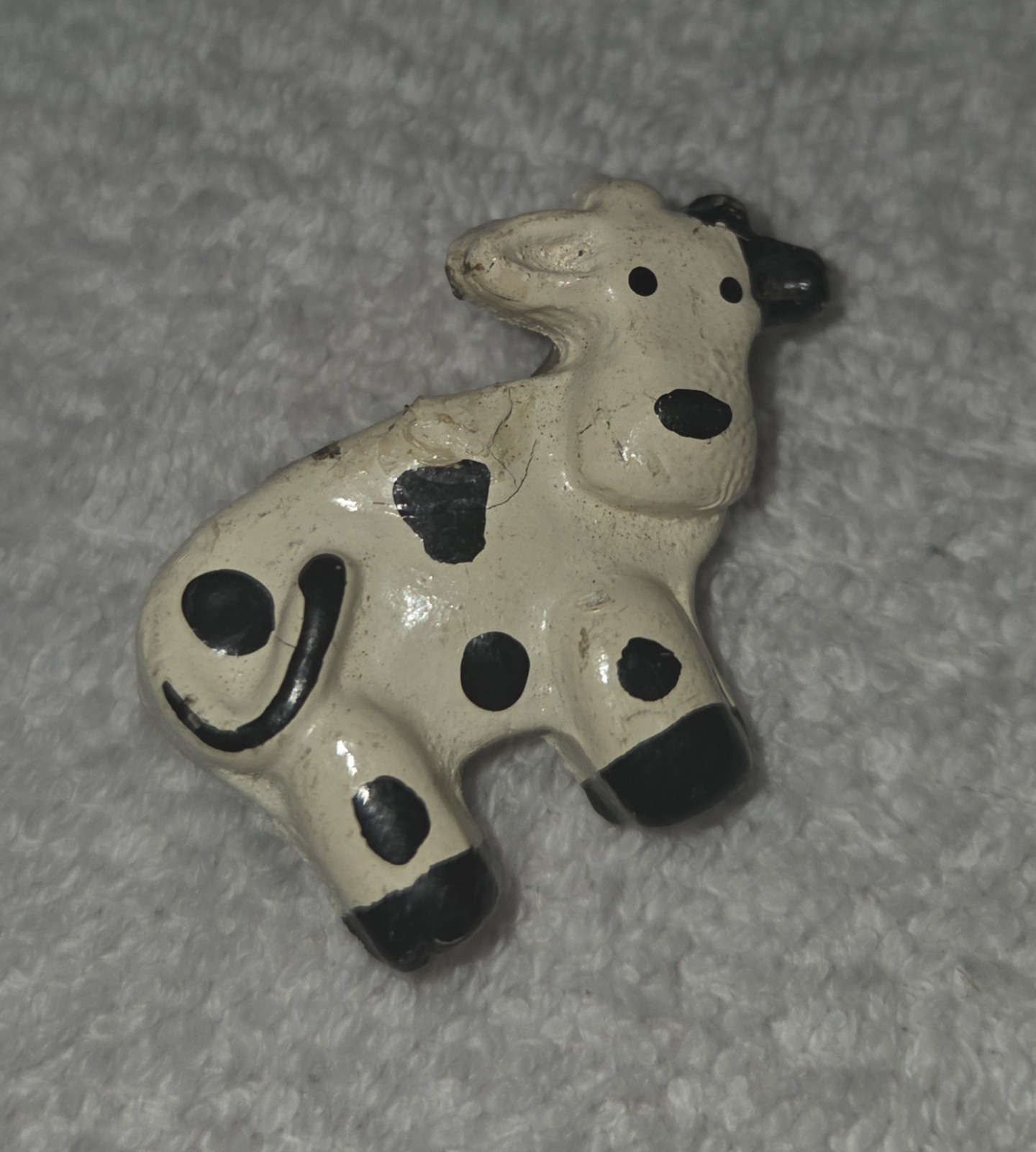 Vintage Hand Painted Wooden Black & White Cow Brooch Pin Folk Art Farm Animal