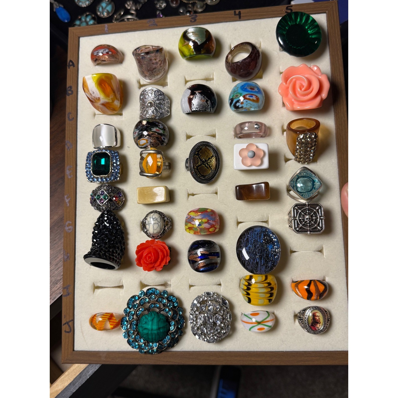 Costume Statement Ring Lot 36 pc Murano Glass Acrylic Resin Silver Tone Boho Mix