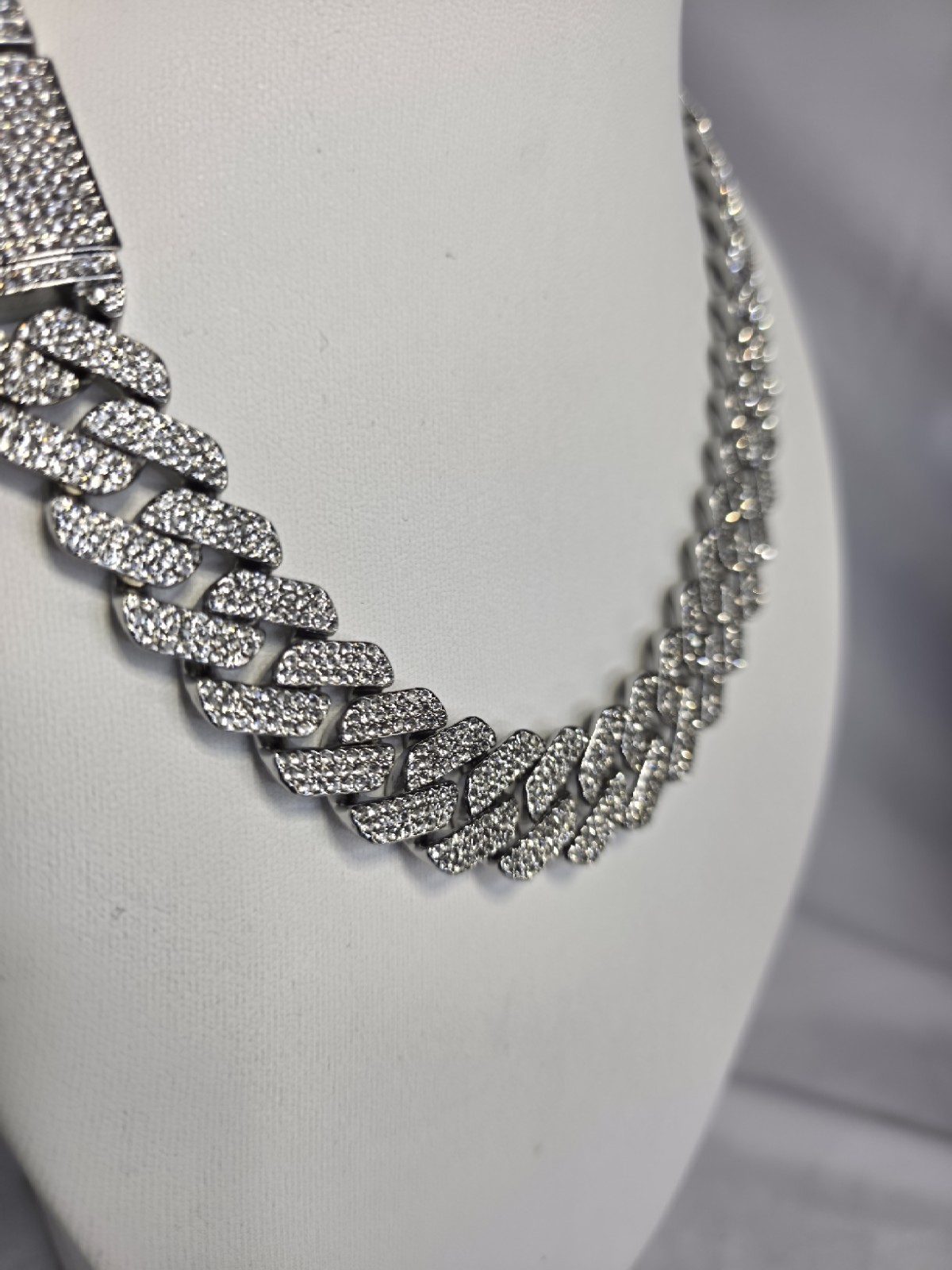 24” 3 Row Moissanite Cuban Link Chain in 925 Sterling Silver.