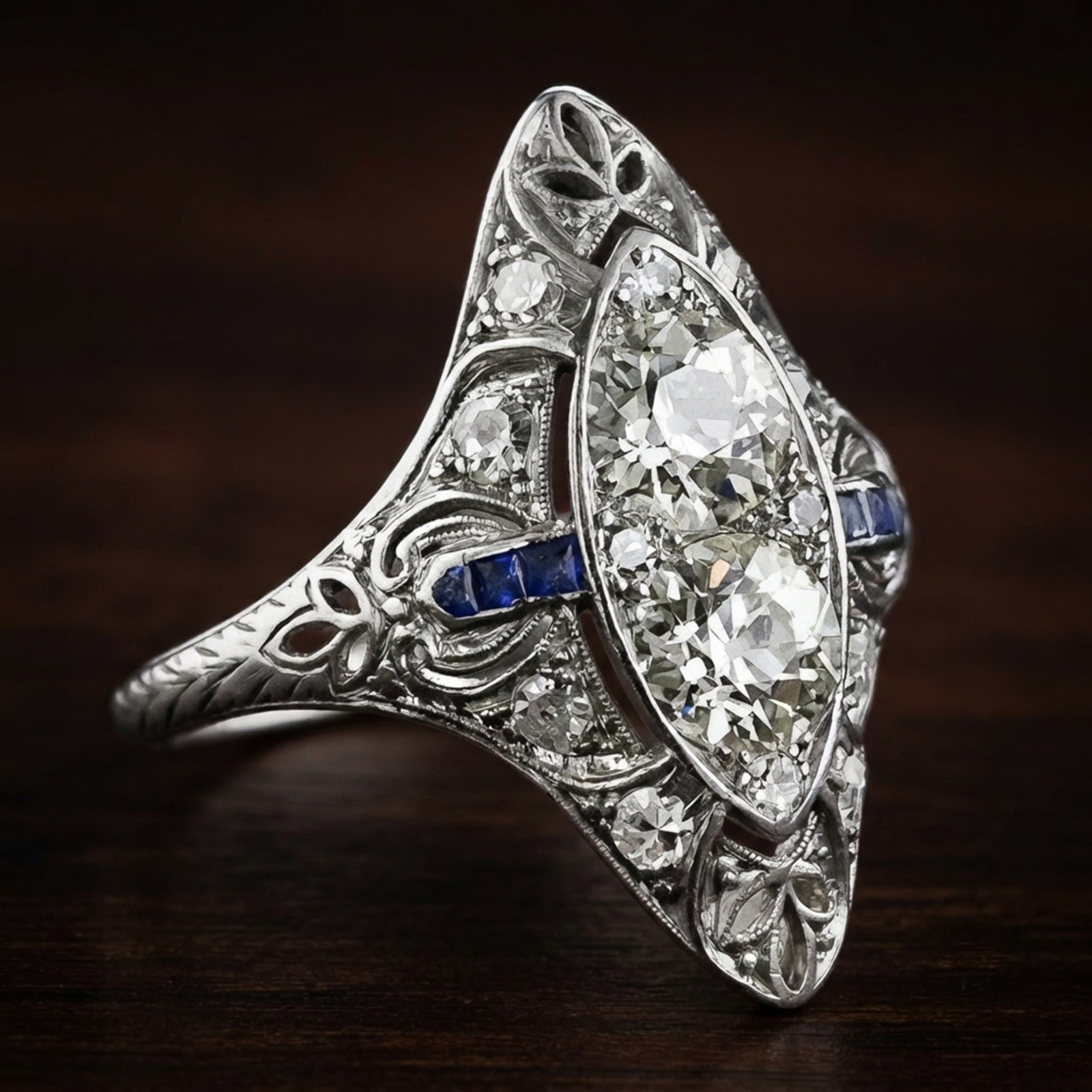 14K Gold Art Deco Round Cut Lab Created Diamond Filigree Toi Et Moi Navette Ring