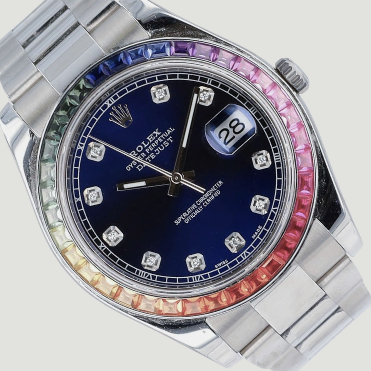 Rolex Datejust II 116334 41mm Blue Diamond Rainbow Oyster Steel Automatic Watch
