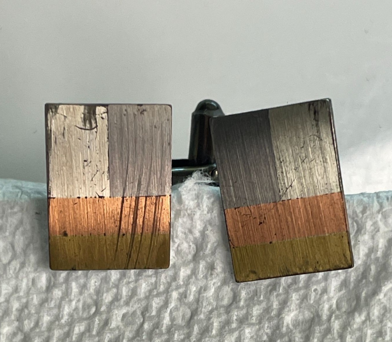 Vintage Mexico Sterling Silver Tricolor Mixed Metal Modernist Cufflinks Signed R