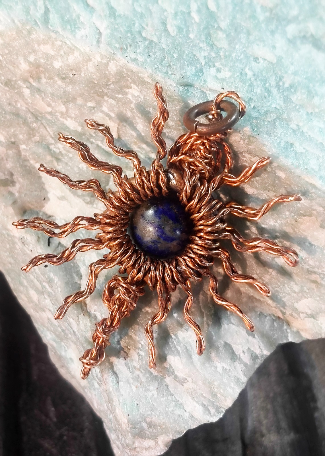 Sun pendant copper lapis lazuli Wire Wrapped energy health luck Jewelry #PS0005