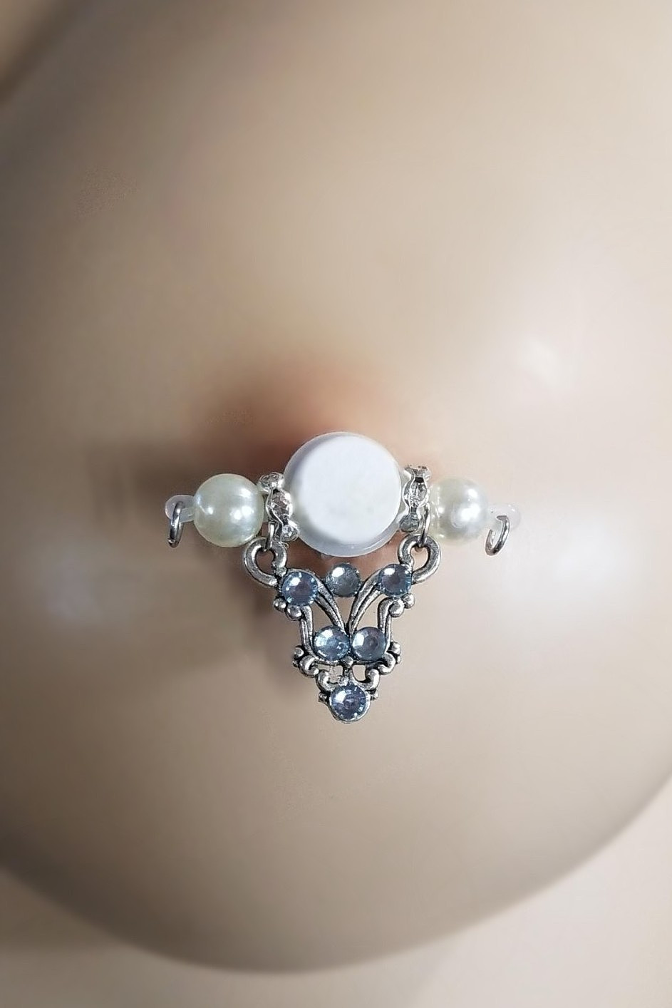 PAIR Fake Barbell-NON PIERCING nipple jewelry -Filigree Lt. blu – Handmade b-045