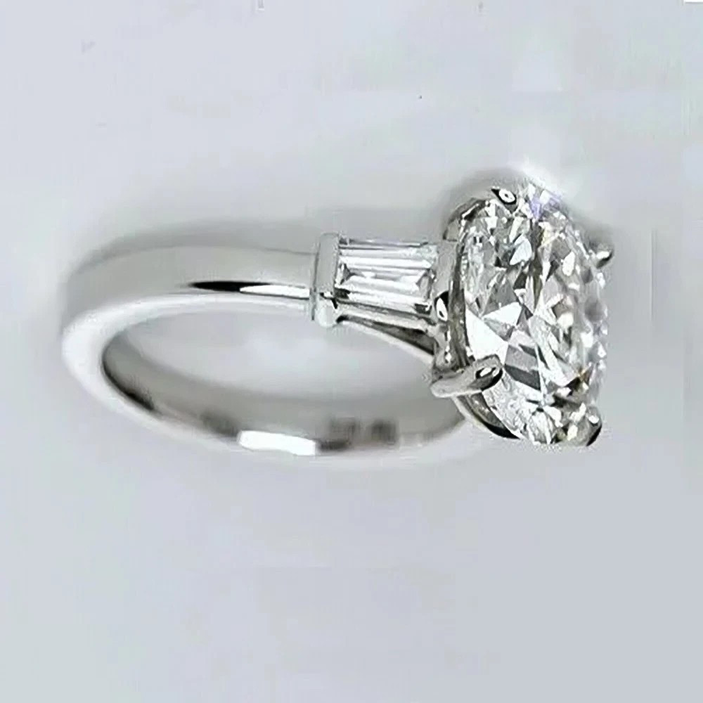 2Ct Round Cut Moissanite Engagement Ring 925 Sterling Silver Tapered Baguette