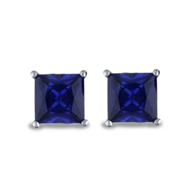 New White Gold Filled 6mm Princess Square Cut Sapphire Blue CZ Stud Earrings