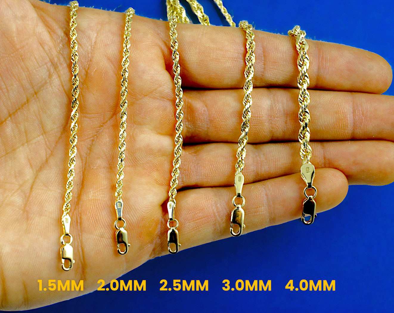 14K Yellow Gold SOLID Rope Chain Necklace Bracelet Diamond Cut 1mm-12mm 7″-30″