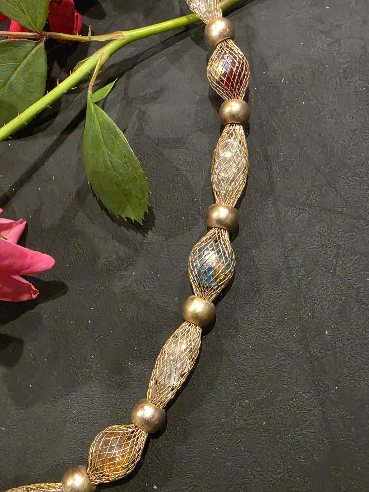 Gold Tone Beaded Cable Chain Necklace w/ Lobster Clasp, Adjustable Extender