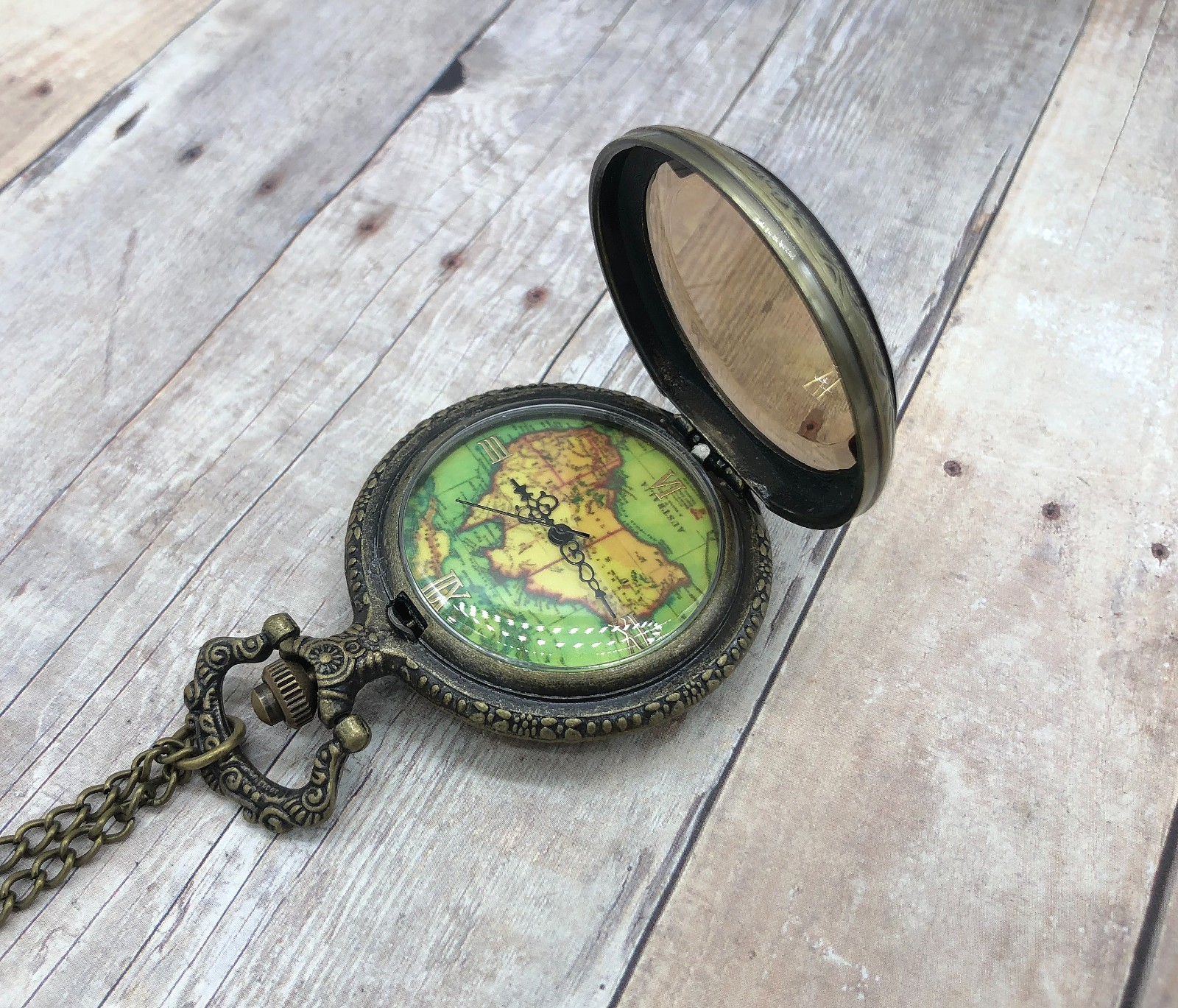 Vintage Map Pocket Watch Necklace 47mm Antique Bronze Case w/ 31″ Chain