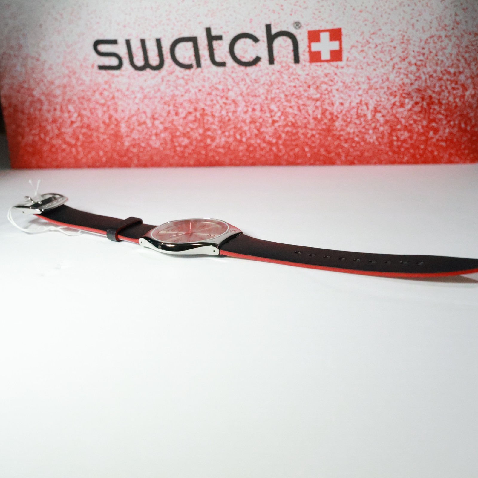 New Swiss Made SWATCH IRONY SKINMETAL 42MM Silver Black Red Leather SS07S104