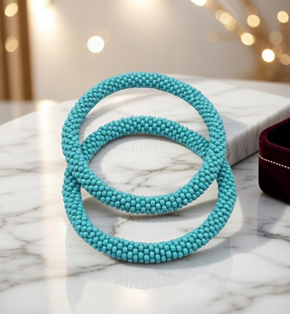 Set of 2 Handmade Glass Seed Bead Crochet Bracelets Solid Color Boho Nepal Bangl