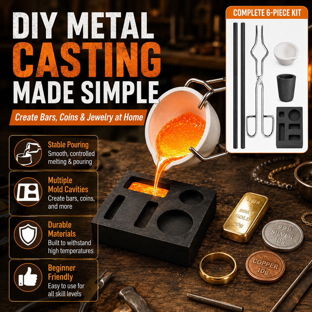 Graphite Casting Mold and Crucible Combo Kit 6PCS for Gold Silver Copper Melt