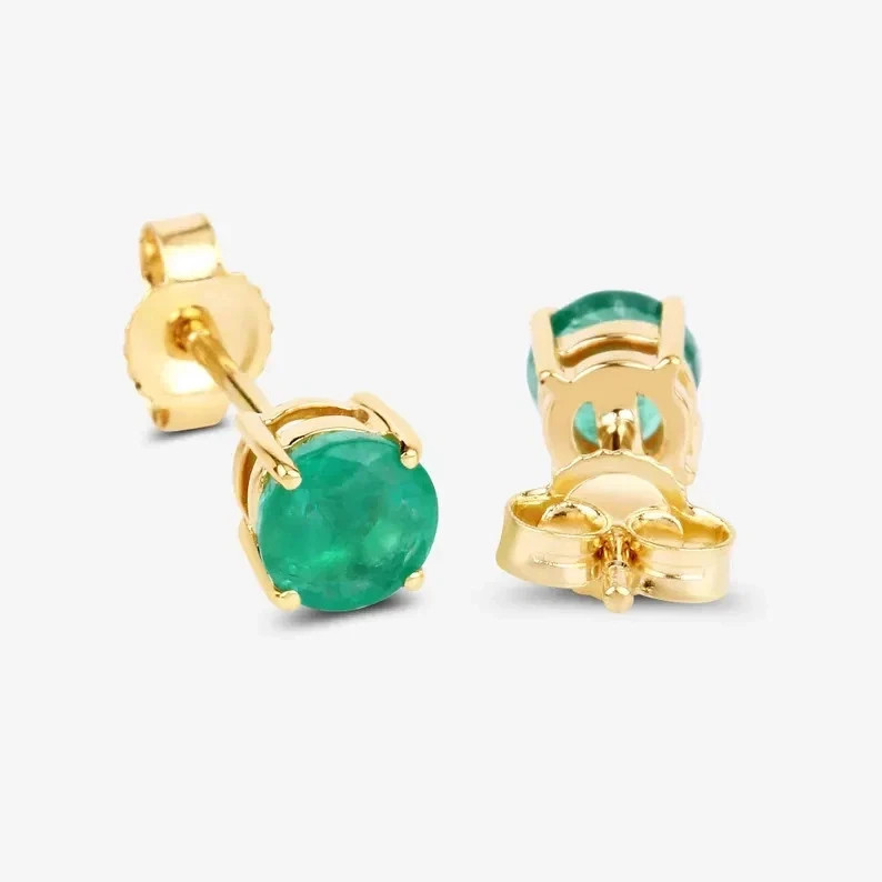 2Ct Round Cut Natural Emerald Diamond 14K Yellow Gold Luxurious Earring Stud